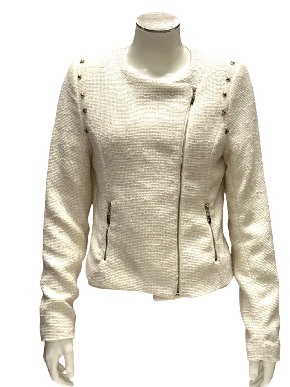 Forever 21 Size S Ivory Studded Moto Jacket Textured Weave Streetwear Vibes Chic - Picture 2 of 14
